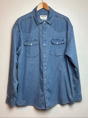 Poncho Men’s XL Fort Davis Denim Western Button-Down Pearl Snap Blue Shirt